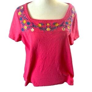 Talbot Cotton Popover Top Women LP Pink with Multicolor Floral Embroidery